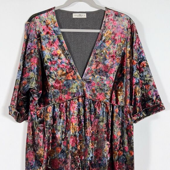 Natural Life Stella Velvet Babydoll Mini Dress Womens Sz L Floral V-Neck Boho - Picture 5 of 14